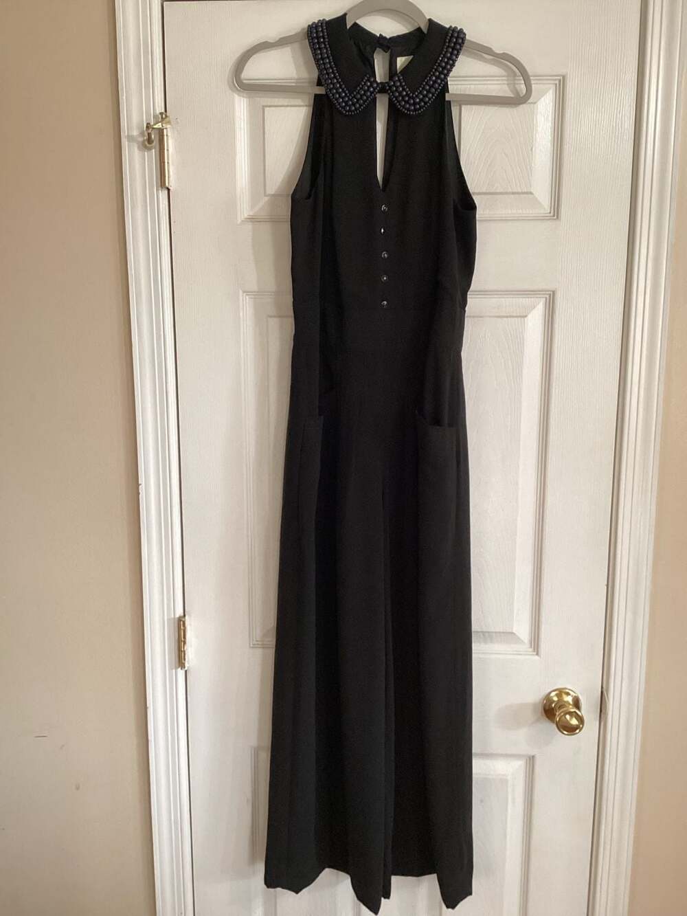 Anthropologie Elevenses Black Coraline Beaded Collar Wide Leg Jumpsuit